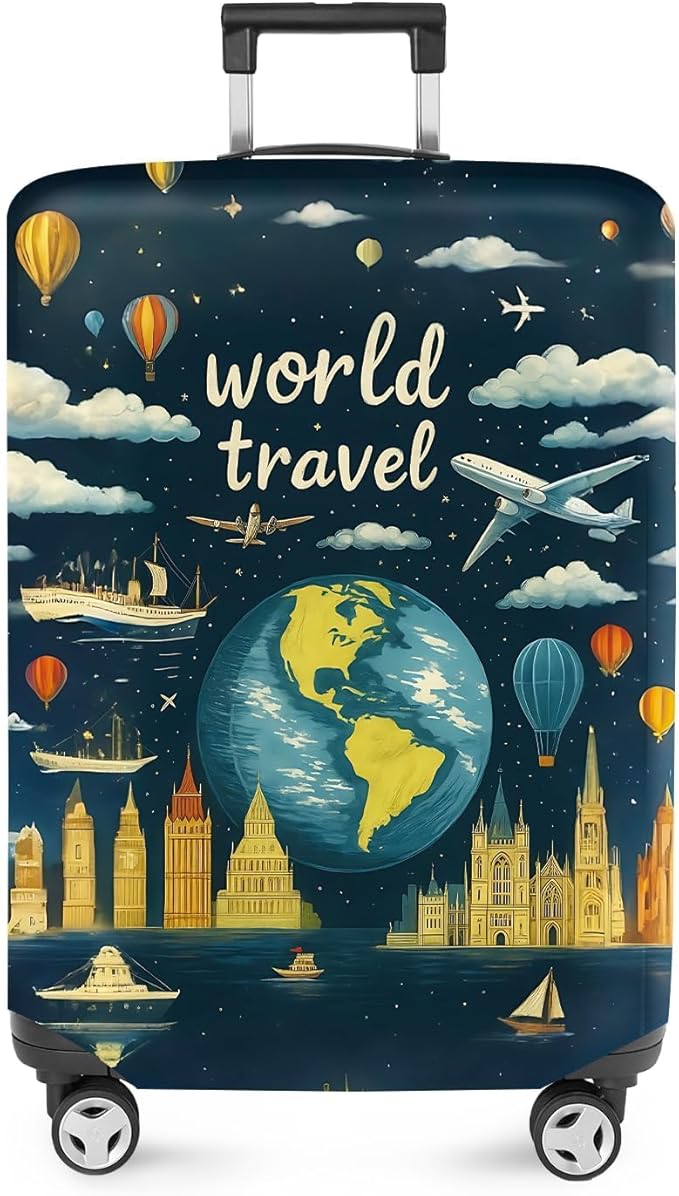 ANNA QUEEN World Travel Luggage Cover, Adventure Theme Suitcase Protector, Stretchable Washable Cover for 24-26 Inch Luggage