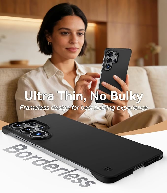 GRECAZO Slim Borderless for Samsung Galaxy S26 Plus Phone Case 6.7"(2026) Ultra-Thin Lightweight Frameless Matte Hard PC Cover Case with Pull Ring Minimalist Non Slip Rope-Black