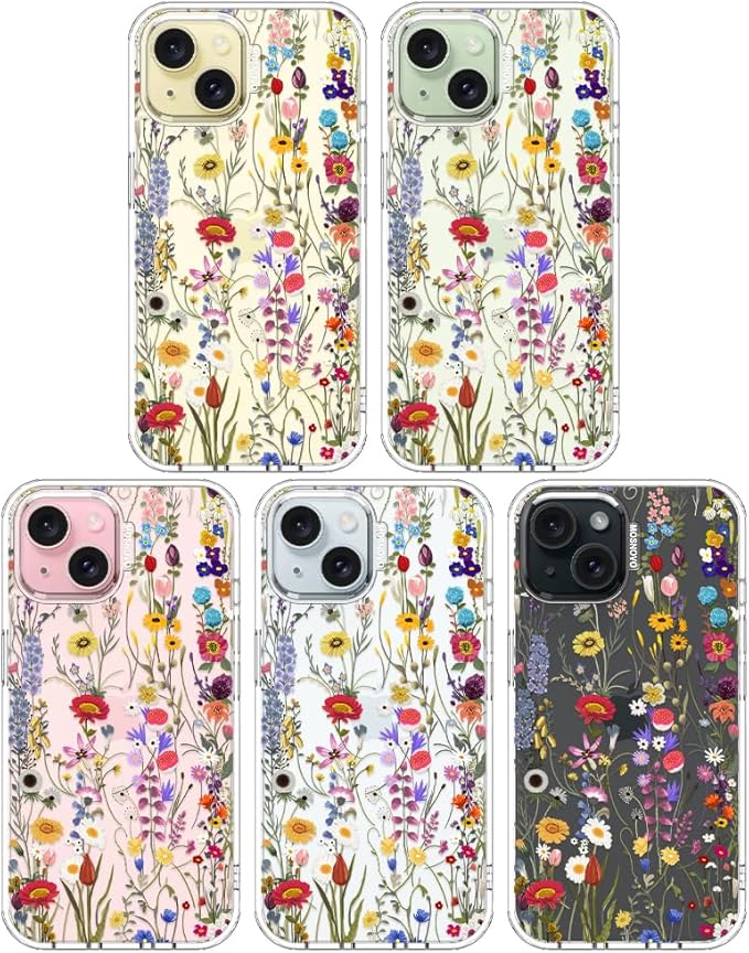 MOSNOVO Case for iPhone 15, [Buffertech 6.6ft Military-Grade Drop Protection] [Anti Peel Off Tech] Clear TPU Bumper Phone Case Cover Design - Wildflower Meadow