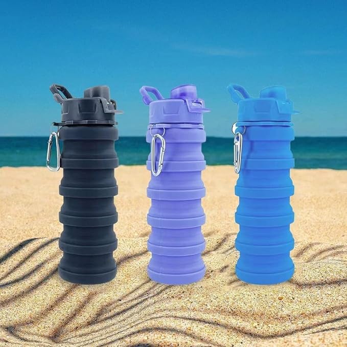 Collapsible Water Bottles 2 Pack Silicone Water Bottle with Carabiner Expandable Water Bottle 500ml Portable Sport Water Bottle for Travel Camping.(Black+Blue)