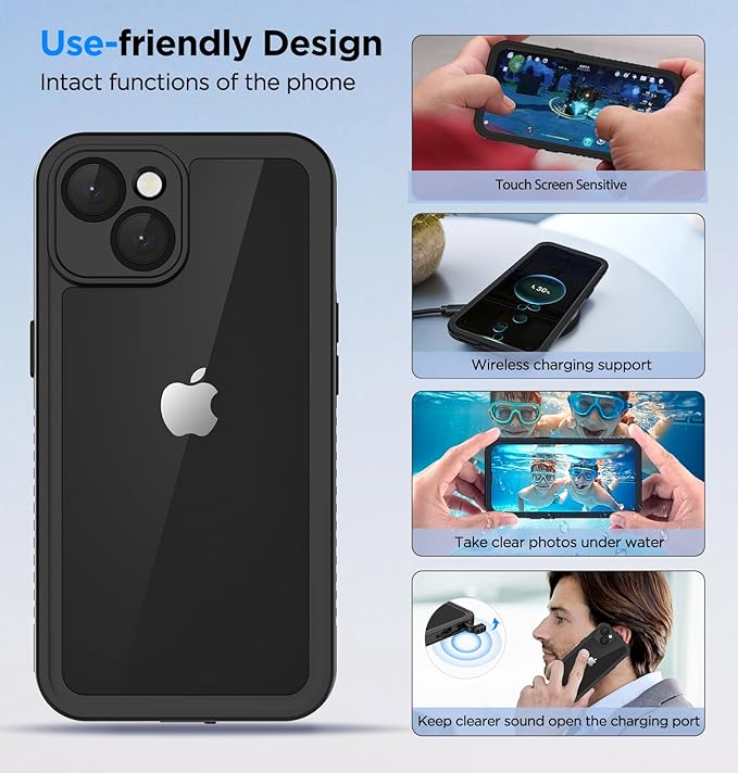 Lanenas for iPhone 14 Case, for iPhone 14 Waterproof Case with Built-in Screen Protector, Full Body Dustproof Shockproof Heavy Duty Tough Rugged Phone Protective Cover 6.1inch Black