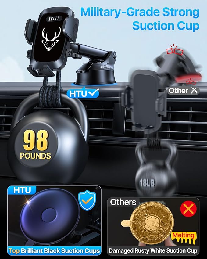 【98+LBS Strongest Suction & Military-Grade】Ultimate Car Phone Mount【Patent & Safety Cert】 Cell Phone Holder Truck Stand for Dashboard Windshield Vent for iPhone 17 Pro Max 16 15 Samsung,Graphite Black