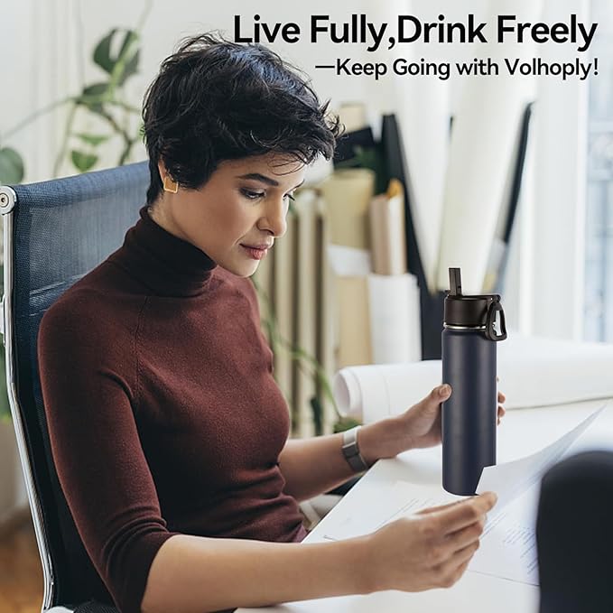 Volhoply 24 Ounce Insulated Water Bottle with Straw Lid,Stainless Steel Wide Mouth Sport Bottles with Handle,Double Wall Vacuum Cups Keep Cold,Reusable Travel Thermal Cups For Holder,Gym(Navy,1)