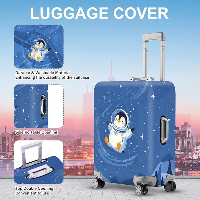 ANNA QUEEN Astronaut Penguin Luggage Cover, Cute Space Penguin Design Suitcase Protector, Washable Stretchable Travel Sleeve for 28-30 Inch Luggage