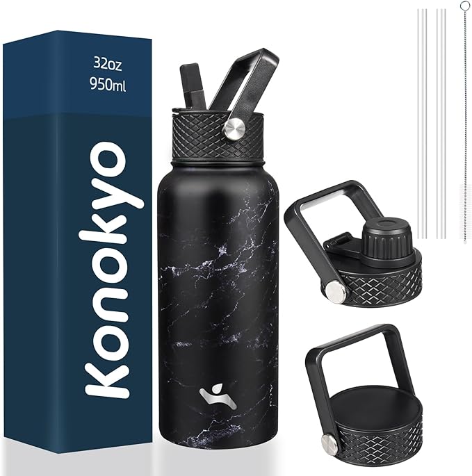 Konokyo 32 oz Insulated Water Bottle Stainless Steel Sport Bottles with 3 Lids,Marble Midnight
