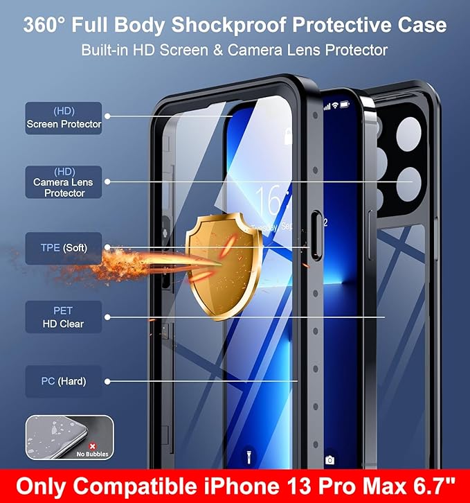 SPIDERCASE Only Designed for iPhone 13 Pro Max Case Waterproof, Built-in Lens & Screen Protector, Full Heavy Duty Protection, 12FT Military Shockproof, Dustproof, Anti-Scratched Phone Case,Black