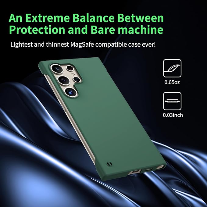 GRECAZO Slim Borderless for Samsung Galaxy S24 Ultra Phone Case 6.8"(2024) Ultra-Thin Lightweight Frameless Matte Hard PC Cover Case with Pull Ring Minimalist Non Slip Rope-Dark Green