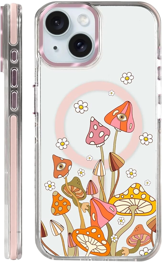 Case for iPhone 15,[Compatible with MagSafe],Retro Mushroom Sunflower Phone Case Design，for Women Girls Magnetic Clear Cover - Slim, Sleek, & Shockproof Protection