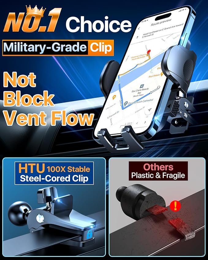 2026 Ultimate Best【True Military-Grade & Safety Cert】Car Phone Holder HTU【Upgraded 360 Rotation & 100+LBS Strongest Suction】5-in-1 Truck Windshield Dashboard Vent Mount Stand for iPhone Android, Black