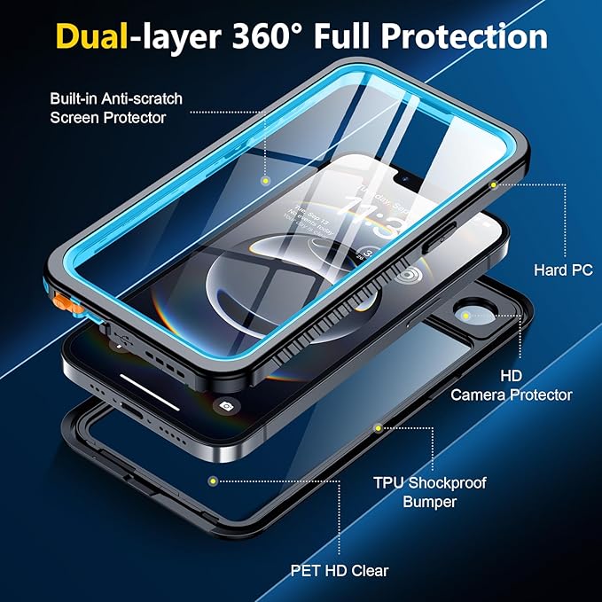 SPIDERCASE for iPhone 16e Case/iPhone 17e Case Waterproof,Built-in Screen & Camera Lens Protector[IP68 Underwater] Full Body Protection Phone Case for iPhone 16e/iPhone 17e 6.1'', Blue/Clear