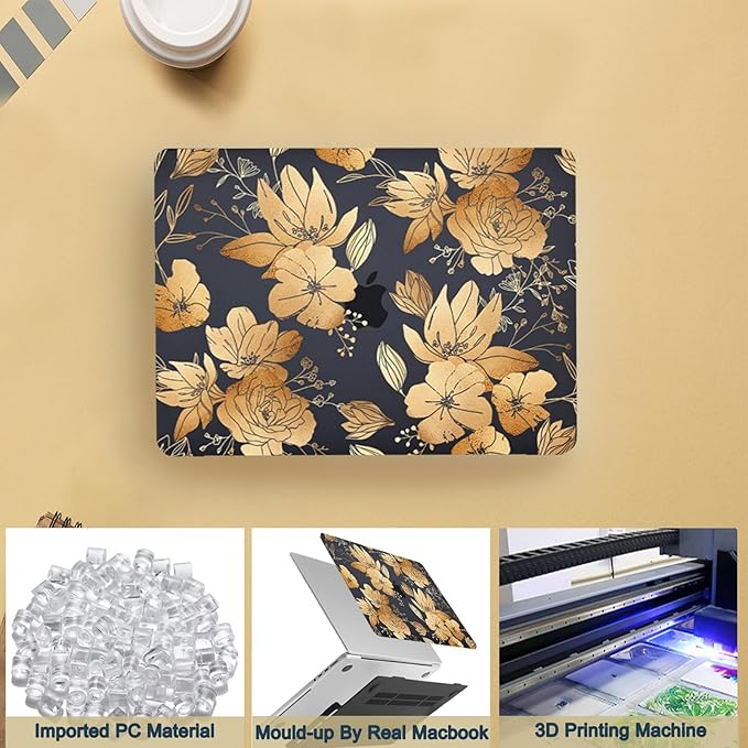 Hard Shell for MacBook 12 inch Case Retina 2015 2016 2017 Release (Model A1534),Plastic Protective Laptop Cover & Keyboard Cover Skin for Apple MacBook Air 12",Blue Gold Floral