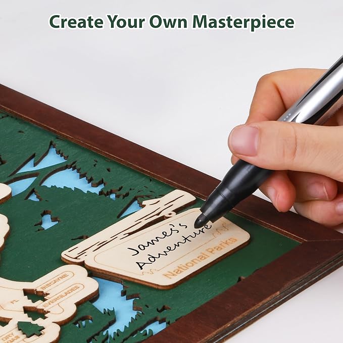 Wooden US National Parks Map Travel Tracker – 3-Layer Framed Wall Art with 70 Tree Pins, Stand, Marker & Gift Box – National Park Checklist Map, Holiday and Educational Geography Gift for Adventurers, Families & Outdoor Lovers, Perfect for RV, Home & H...