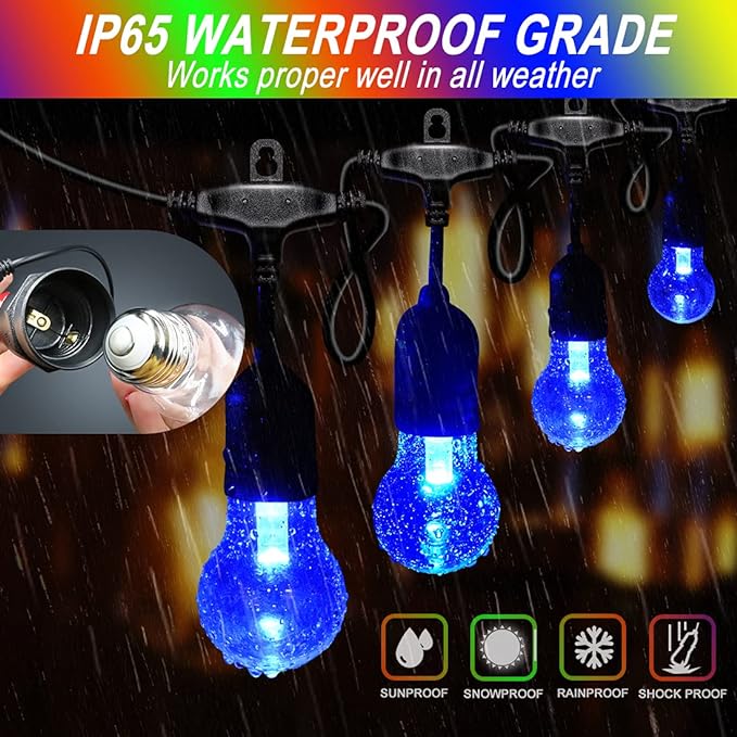 48FT Outdoor RGB String Lights, 16 Shatterproof Edison Bulbs, Dimmable Color Changing Patio Lights with Remote Control. Perfect for Bistro Commercial LED Decorative Lighting