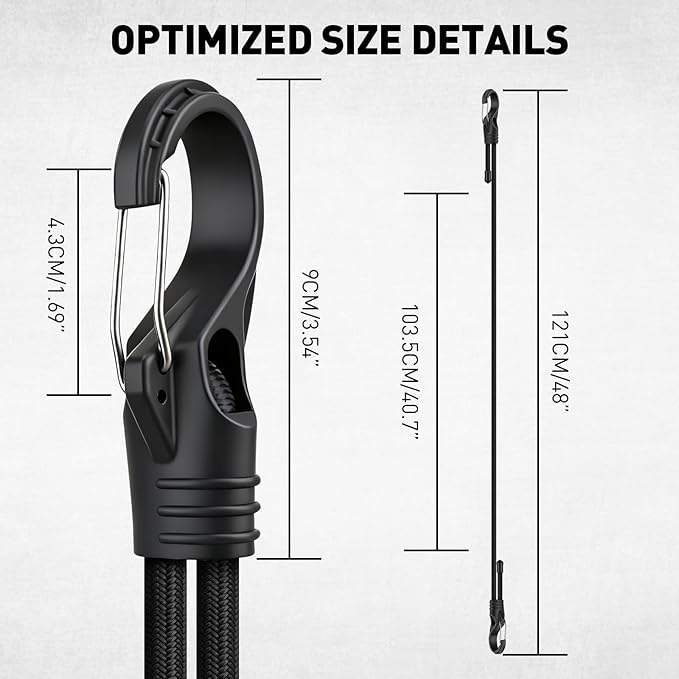 8-Piece 48-inch Adjustable Bungee Cords with Hooks, Heavy Duty Outdoor Carabiner Bungee Straps, Easily Adjust from 7" to 48", Black Super Elastic Cord for Cargo, Camping, Bike Racks, Tents