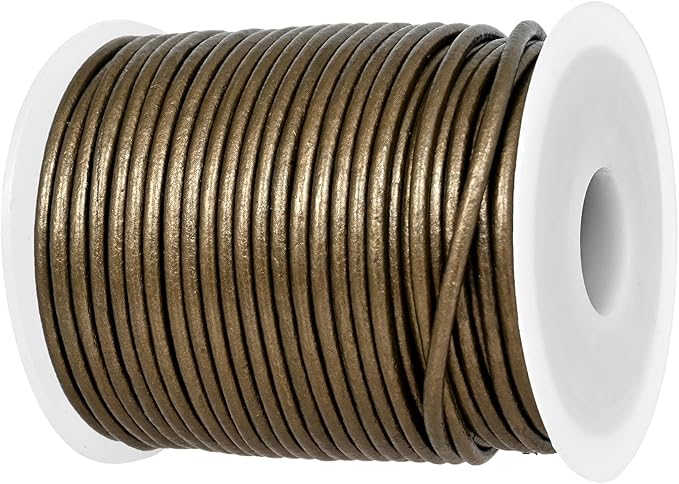 GENIQUE Real/Genuine Round Leather String Cord for Necklace, Bracelets, Jewellery, Braiding (Military Green Metallic, 2mm)