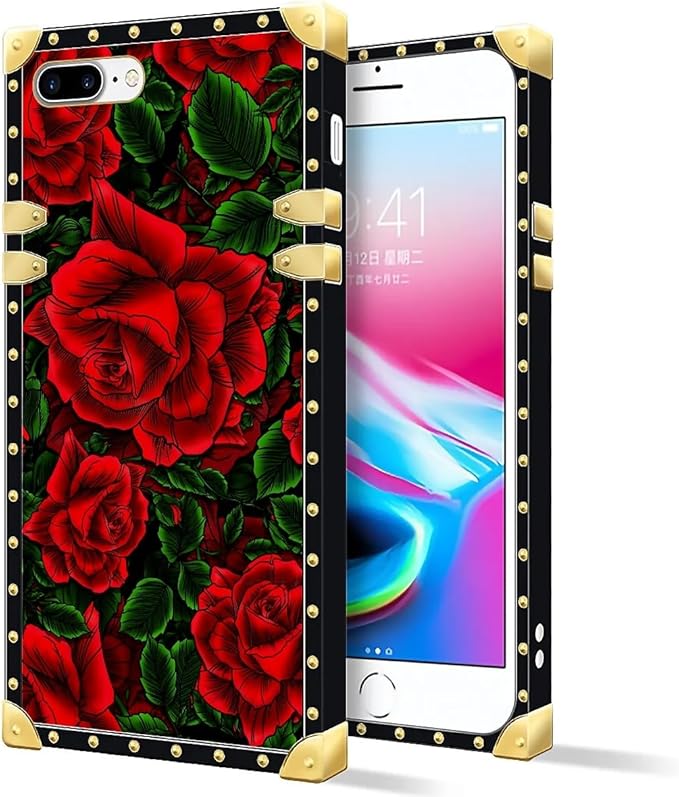 Compatible with iPhone 8 7 SE Case, Vector Red Rose Green Leaf Luxury Golden Decoration for Girl Women Soft TPU Shockproof Protective Hard PC Back for iPhone 8 7 SE
