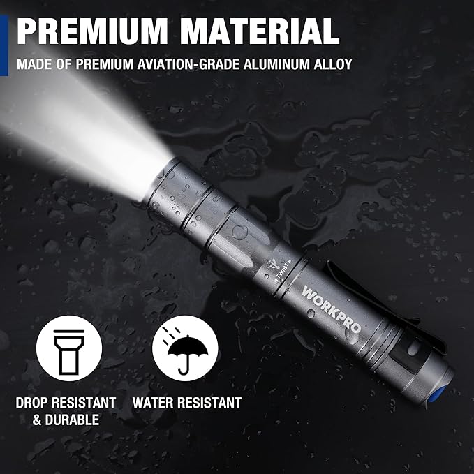 WORKPRO Rechargeable Pen Light, Mini Flashlight, 2 Pack Ultra-Compact EDC Flashlight, Pocket Flashlight with Clip, Memory Function and 2 x USB C Cable Included, Gray