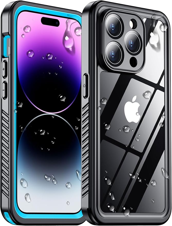 Temdan Compatible with iPhone 14 Pro Max Case Waterproof, Built-in Screen & Camera Protector IP68 Underwater Full Body 14FT Military Dropproof Shockproof Phone Case 6.7"-Blue/Clear