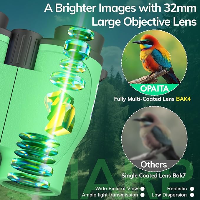 Compact Binoculars for Adults High Powered - OPAITA 20x32 Small Binoculars for Adults Kids with Low Light Vision for Bird Watching Hunting Cruise Ship Travel Concert Hiking Light Green