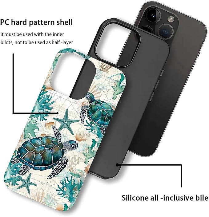 for iPhone 11 Pro Case,HH2 Ocean Sea Turtle Nautical Map Hybrid 2 Layer Hard Shell Silicone Protective Pattern Design Case