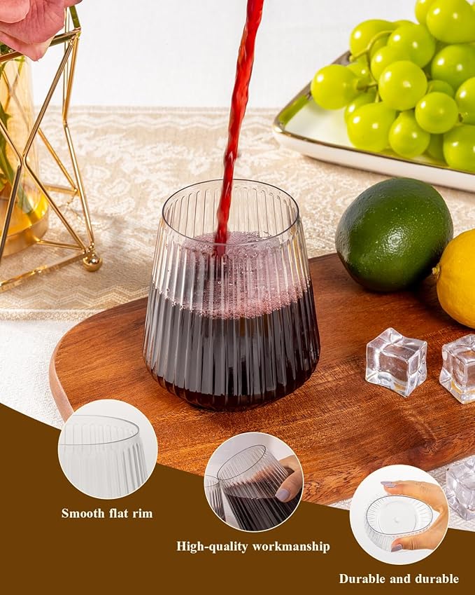 Goodluck 36 Pack 12oz Stemless Plastic Wine Glasses – Clear Ribbed Cups, Elegant Reusable Disposable Drinkware for Weddings, Parties, Bars, Indoor and Outdoor Events