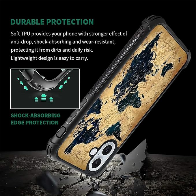 for iPhone 16 Case, Brown World Map Pattern Graphic Design Girl Boy Soft Silicone Hard Acrylic Shock Protection for iPhone 16