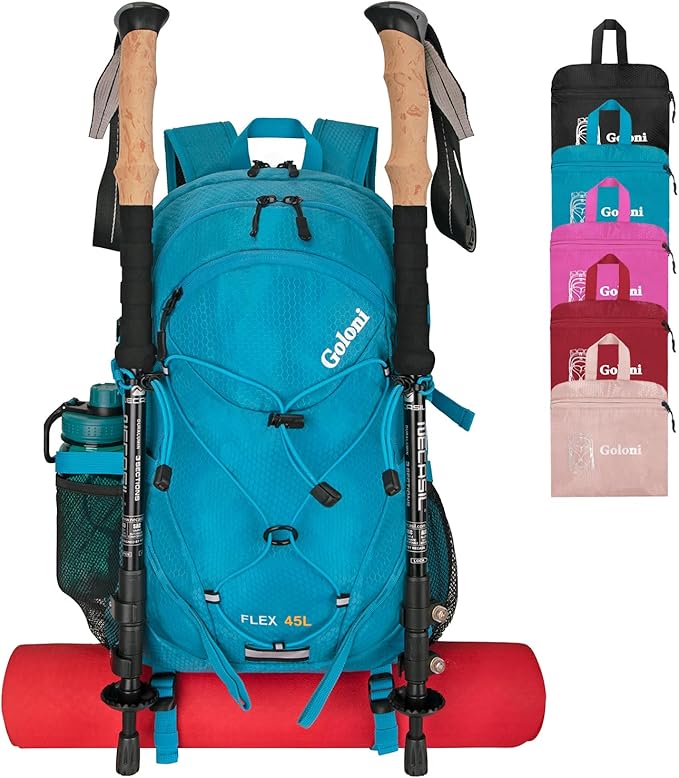 Goloni 45L Hiking Backpack Lightweight Foldable, Waterproof Camping Backpack with Rain Cover & Hiking Pole Mat Carrying System, Ergonomic Water Resistant Daypack for Trekking Travel Men Women Blue