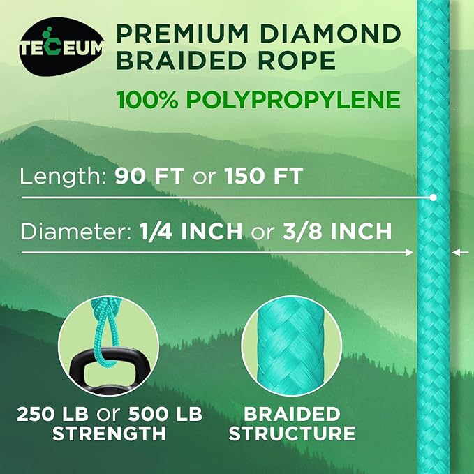 TECEUM Rope – 90 Feet x 3/8 Inch (10mm) – Green Wave – Strong All-Purpose Utility Rope – Camping, Crafting, Flag Pole, Indoor & Outdoor – Polypropylene Nylon Poly Lightweight Diamond Braided Cord