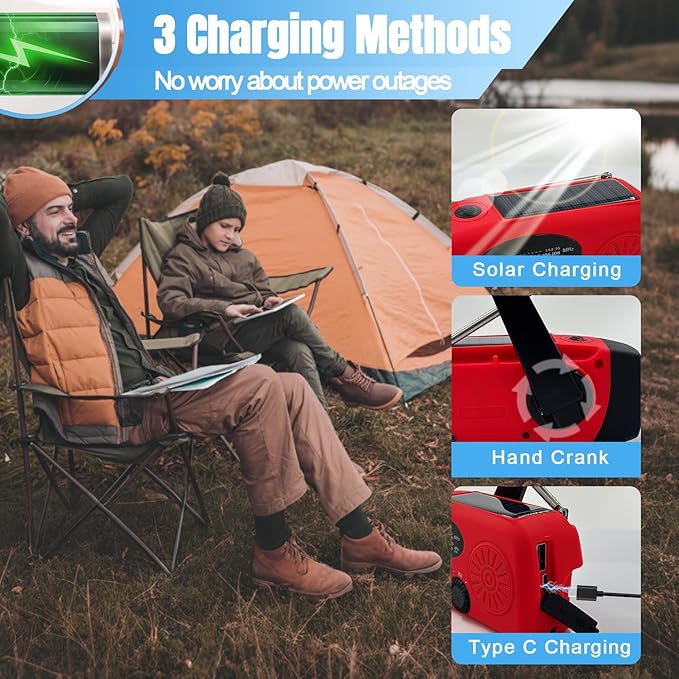 Emergency Hand Crank Weather Radio, AM/FM NOAA Portable Solar Radio with 2000mAh Battery Phone Charger, SOS Alarm & Survival Flashlight for Indoor/Outdoor, Emergency, Hurricane (Red)