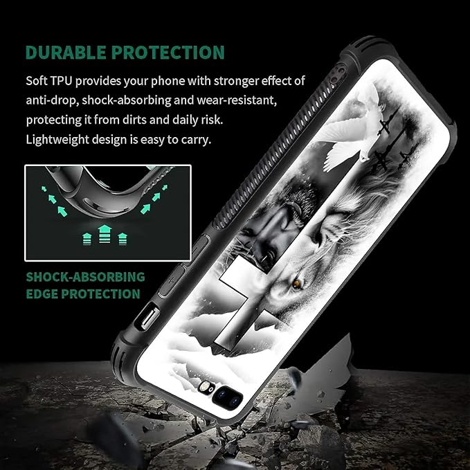 Case for iPhone 7 Plus/8 Plus, Lion Cross Jesus Christ Dove Pattern, Soft Silicone Hard Acrylic for Shock Protection