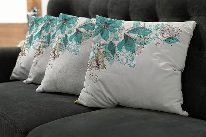 Ambesonne Turquoise Throw Pillow Cushion Case Pack of 4, Flowers Buds Leaf at The top Left Corner Season Celebrating Theme, Modern Accent Double-Sided Digital Printing, 18", Teal Brown