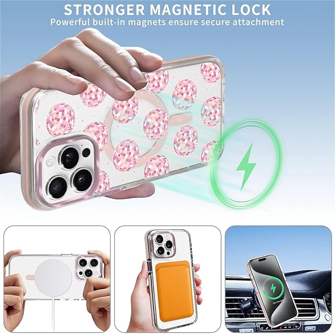 Case for iPhone 14 Pro Max,[Compatible with MagSafe],Disco Balls Pink Phone Case Design，for Women Girls Magnetic Clear Cover - Slim, Sleek, & Shockproof Protection