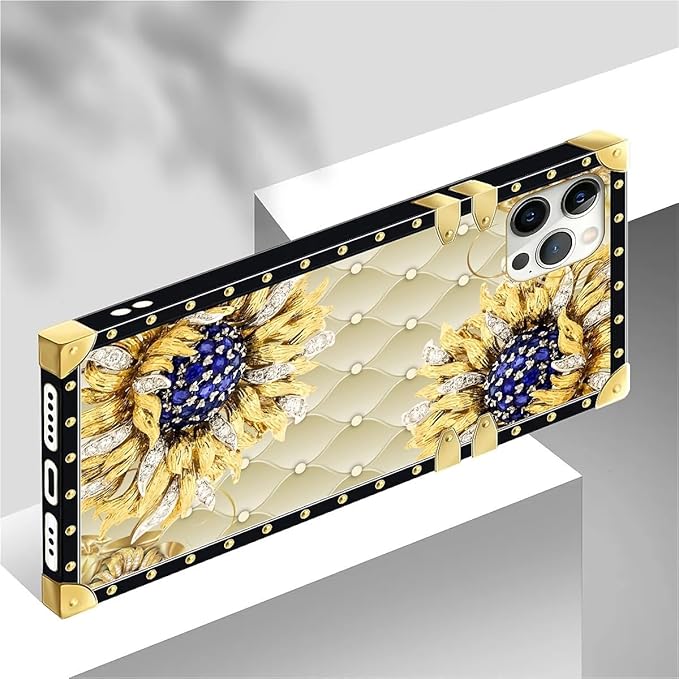 Compatible with iPhone 12 12 Pro Case, Sunflower Diamonds Leather Luxury Golden Decoration for Girl Women Soft TPU Shockproof Protective Hard PC Back for iPhone 12 12 Pro