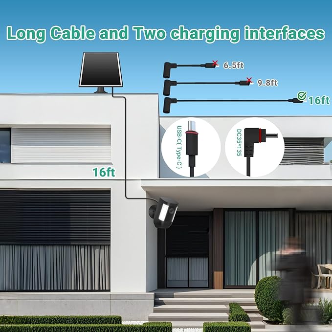2 Pack Solar Panel for Ring Camera, 6W Solar Charger with USB-C & Barrel Plug for Ring Stick Up Cam Plus/Pro & Spotlight Cam Battery Series, Waterproof, 16ft Cable (Black)