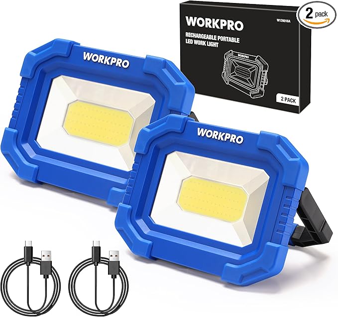 WORKPRO LED Work Light, Rechargeable Magnetic Work Lights with Stand, Portable 2000LM COB Flood Light for Camping, Fishing, Car Repair, Job Site Lighting, Hiking, 4 Modes, 2 Pack