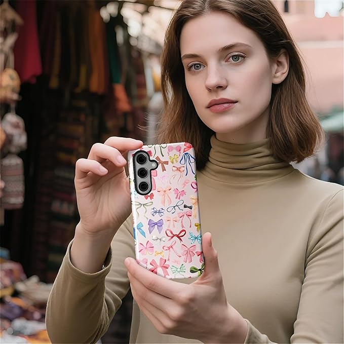 for Samsung Galaxy S24 Case,HL2 Aesthetic Color Bow Tie Hybrid 2 Layer Hard Shell Silicone Protective Pattern Design Case