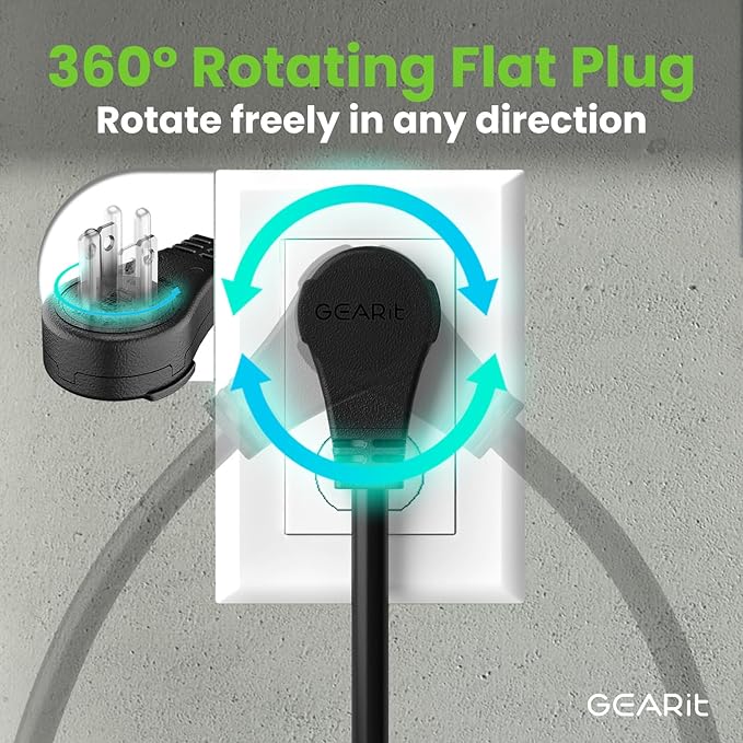 GEARit 10 Ft Extension Cords 16/3 Gauge 360° Rotating Plug Outdoor/Indoor SJTW 16 AWG 3 Prong Heavy Duty Power Cable 13A 125V 1625W for Lawn, Garden, Appliances Black