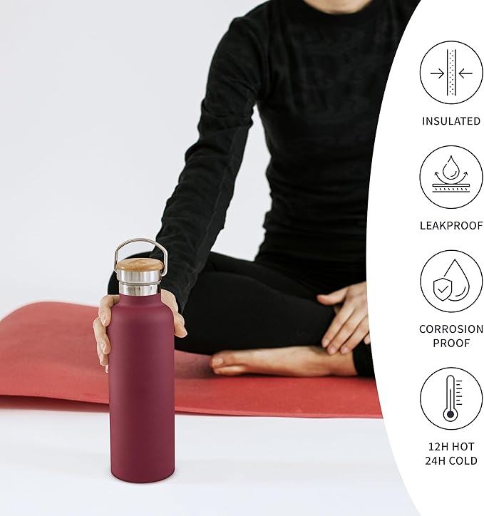 Bambaw 32 oz Water Bottle Insulated, Stainless Steel Water Bottle 32 oz, Keeps Drinks Cold 24h and Hot 12h, Easy to Carry with Handle, Reusable, Lightweight and Durable (Red Berry)