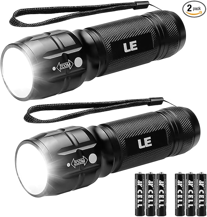 Lighting EVER LED Flashlights High Lumens, Small Flashlight, Waterproof, Adjustable Focus Flash Light for Outdoor, Emergency, Camping, AAA Batteries Included, 2 Pack