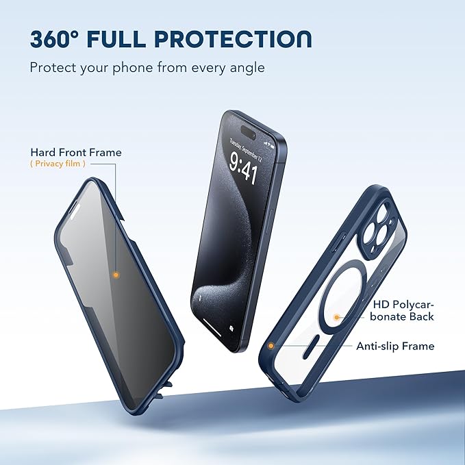 TIESZEN for iPhone 15 Pro Max Case, Compatible with MagSafe, Built-in Privacy Screen Protector and Camera Protection, Anti Spy Full Body Dustproof Shockproof Hard Phone Case 6.7", Dark Blue