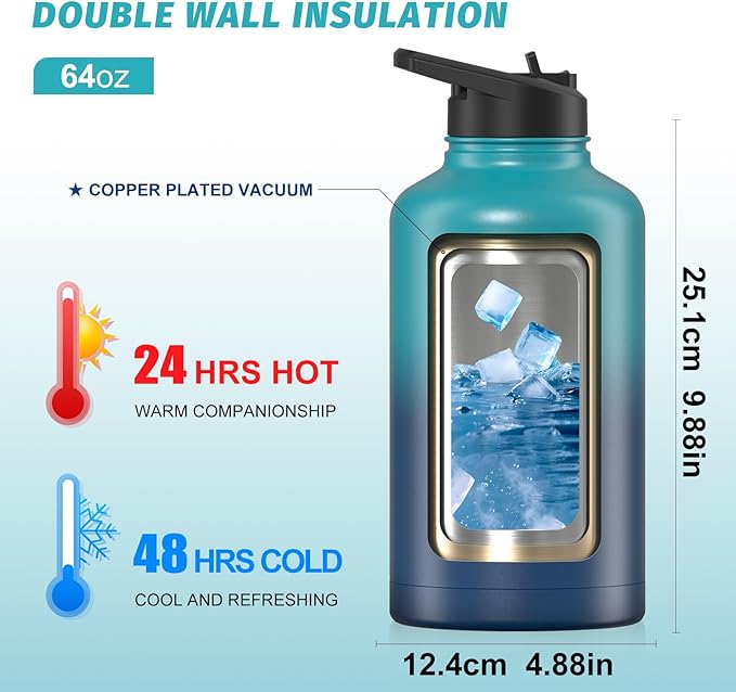 64oz Insulated Water Bottle (Cold for 48 Hrs),BPA Free&Leak Proof,Half Gallon Stainless Steel Water Flask,Water Jug with Straw Spout Lids for Gym,Hiking,Camping,Gradient Blue