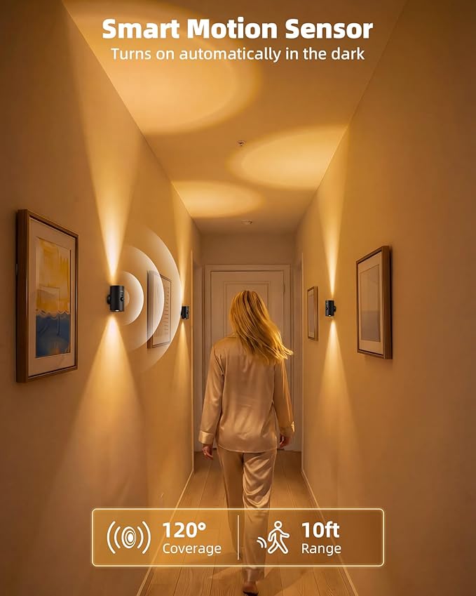 EZVALO Motion Sensor Wall Light, 4000mAh Rechargeable Battery Operated Wall Sconce, RGB & 3 Color Temps with Remote, Wireless Ambient Light for Living Room, Hallway, Apartment (2 Pack, Black)
