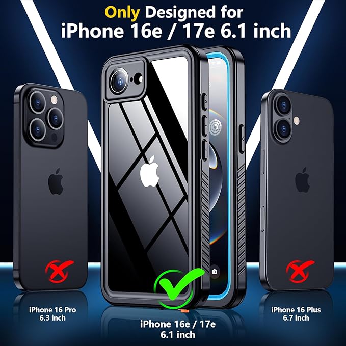 SPIDERCASE for iPhone 16e Case/iPhone 17e Case Waterproof,Built-in Screen & Camera Lens Protector[IP68 Underwater] Full Body Protection Phone Case for iPhone 16e/iPhone 17e 6.1'', Blue/Clear
