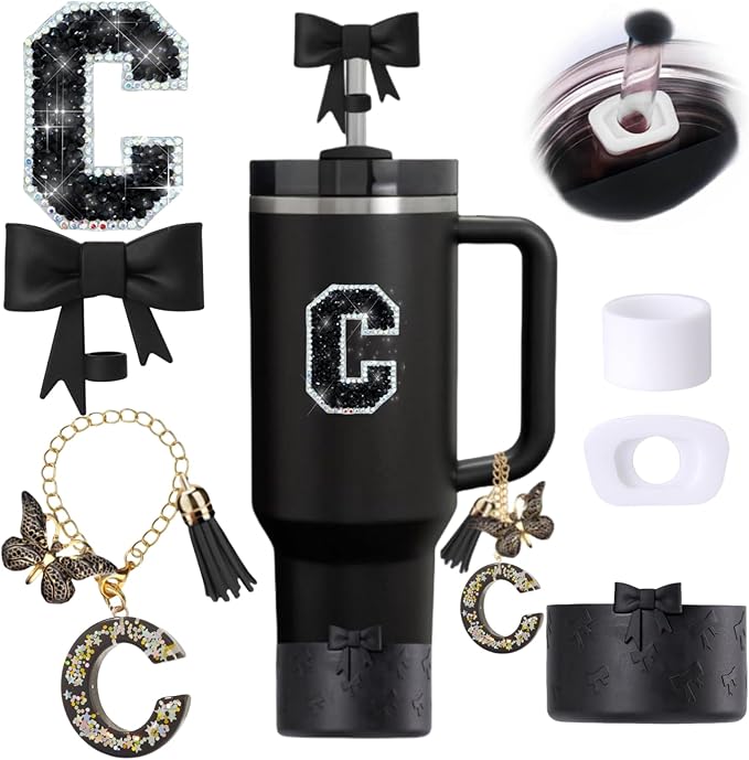 6pcs Black Stanley Cup Accessories Set, Bow Straw Topper for Stanley Cup 30oz 40oz, Including Straw Topper and Bow Silicone Boot, Stoppers Spill Proof, Handle Charm, Initials Sticker