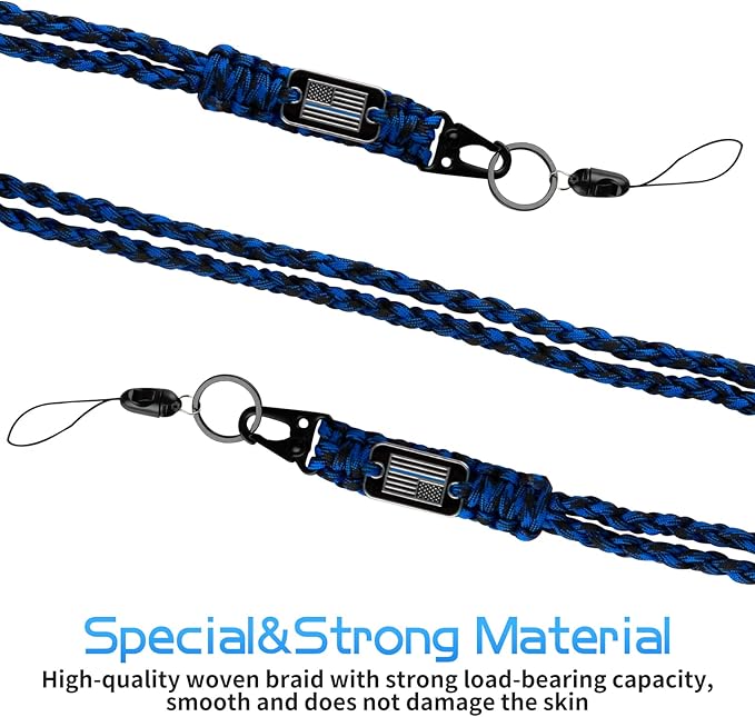 Thin Blue Line Paracord Keychain Neck Lanyard for Keys with Cool USA Flag Men Women, Long Heavy Duty Braided Keychain Lanyard for Wallets, Keys, Whistle，Camera, Phone, Outdoor Activities