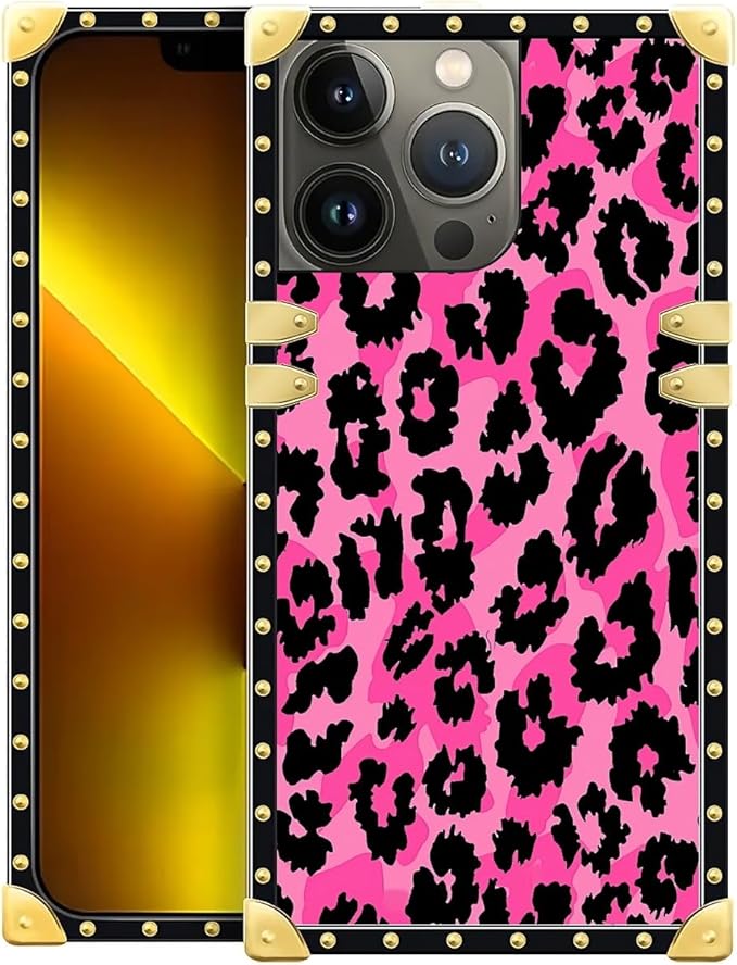 Compatible with iPhone 13 Pro Case, Pink Black Leopard Luxury Golden Decoration for Girl Women Soft TPU Shockproof Protective Hard PC Back for iPhone 13 Pro