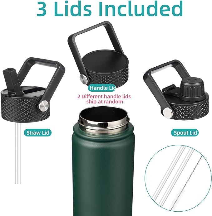 Konokyo 18 oz Insulated Water Bottle Stainless Steel Sport Bottles with 3 Lids,Army Green