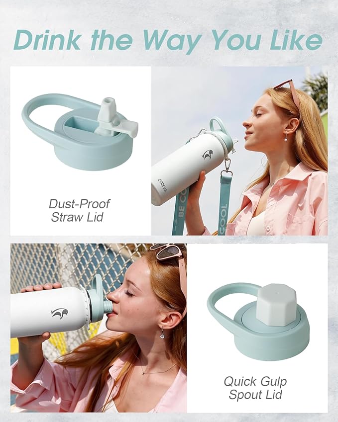 Coolflask Water Bottle with Straw, 40 oz Insulated Metal Water Flask with Straw & Spout Lids, Stainless Steel Double Wall Vacuum, Keep Cold 48h Hot 24h, Leak Proof, BPA-Free, Glacier White
