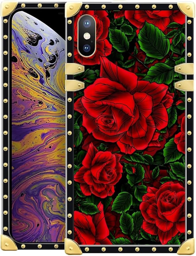 Compatible with iPhone XR Case, Vector Red Rose Green Leaf Luxury Golden Decoration for Girl Women Soft TPU Shockproof Protective Hard PC Back for iPhone XR