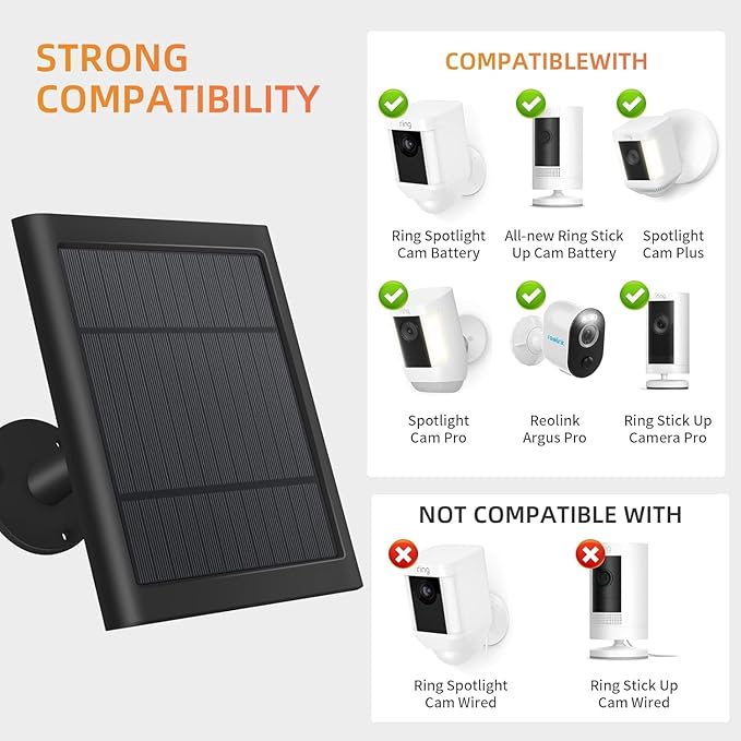 Paodekua 1 Pack 4W Solar Charger for Ring Spotlight & Stick Up Outdoor Cam, Black, High Efficiency, 10FT/3M Long Cable with USB-C to Ring Barrel Plug